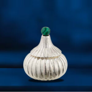 Handcrafted Silver Bulbous Kumkum Box with Green Stone Finial