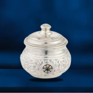 Handcrafted Silver Kumkum Box with Floral Stone Accent