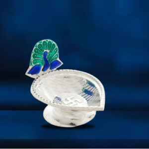 Silver Enamel Peacock Diya with Swastika Motif